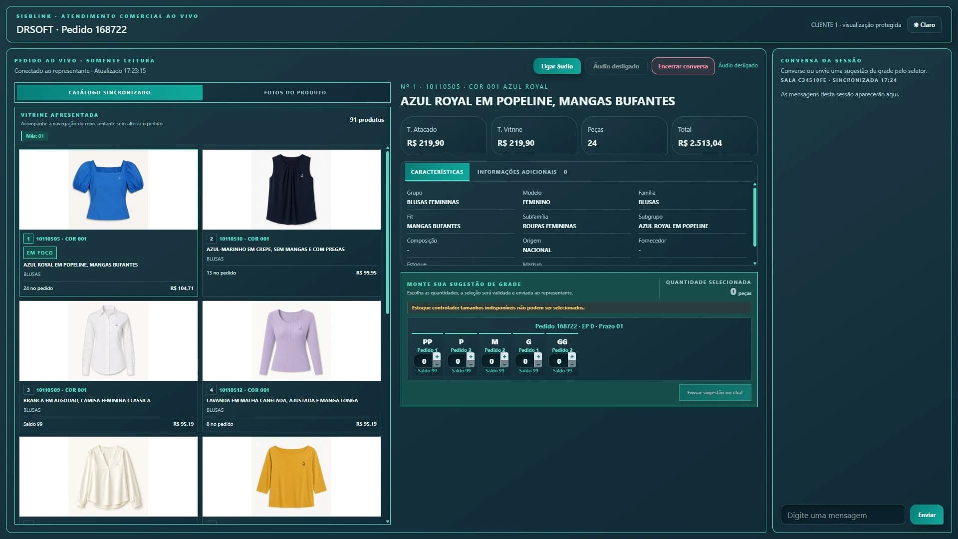 Pedido espelhado do SISBlink com catálogo sincronizado e produto apresentado ao cliente